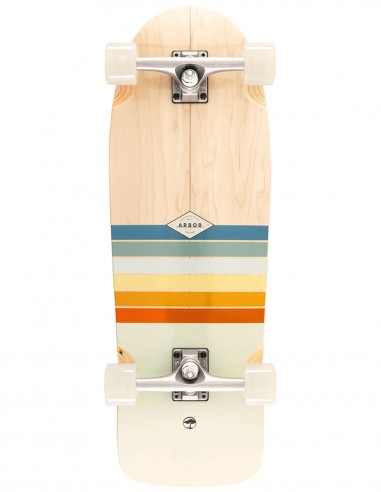 Vista inferior del cruiser Arbor Oso Foundation de 30 pulgadas con trucks Paris Street y ruedas Bogart.