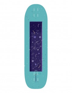 Unterseite des Alternative Lombardi Pro Libra 37-Zoll-Longboarddecks mit türkisfarbenem Himmelsmotiv.