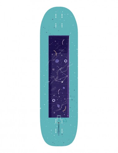 Unterseite des Alternative Lombardi Pro Libra 37-Zoll-Longboarddecks mit türkisfarbenem Himmelsmotiv.